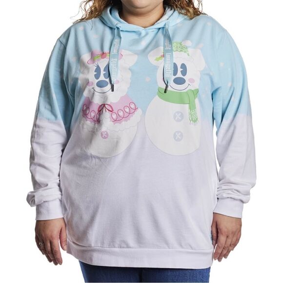 Loungefly Disney Mickey & Minnie Pastel Snowman Unisex Hoodie Sweatshirt NWT ⛄️ - Picture 1 of 7